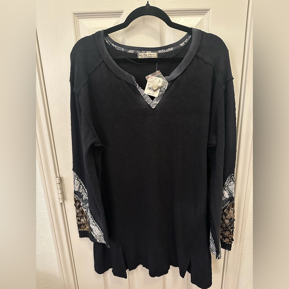 We The Free Black Tunic with Beading and Embellishments on Sleeves